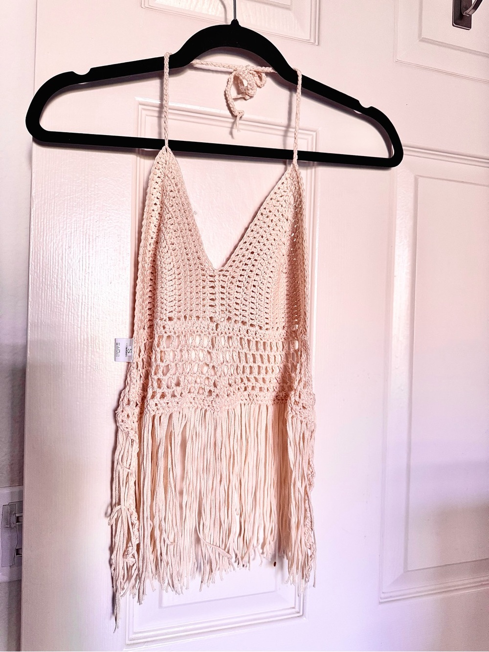 Crochet Fringe Halter Top Cream Boho Festival Beach